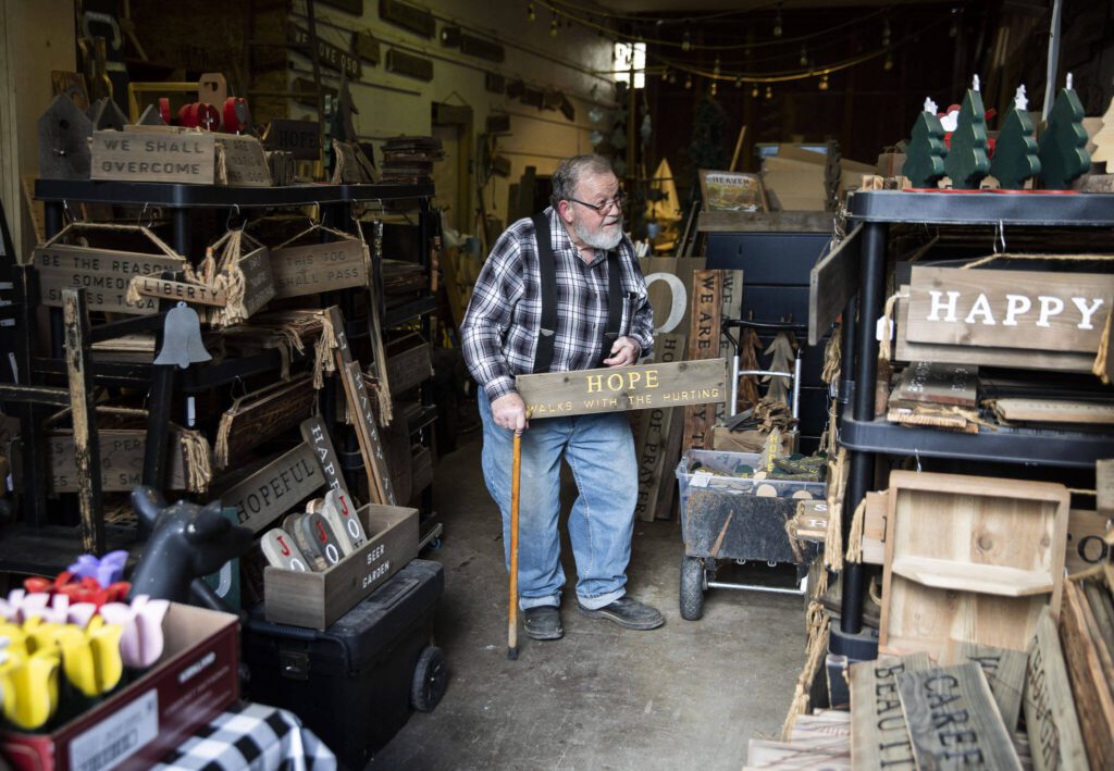 Ron Thompson in his workshop on Monday, March 4, 2024 in Oso, Washington. (Olivia Vanni / The Herald)
