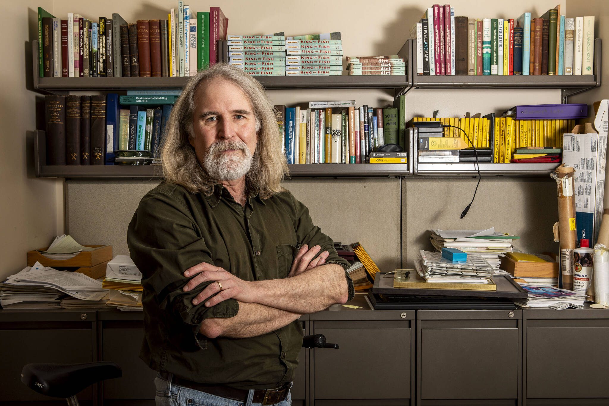 University of Washington geomorphologist David Montgomery studied the Oso landslide. He was at his office in Johnson Hall on Thursday, Feb. 8, 2024, in Seattle, Washington. (Annie Barker / The Herald)