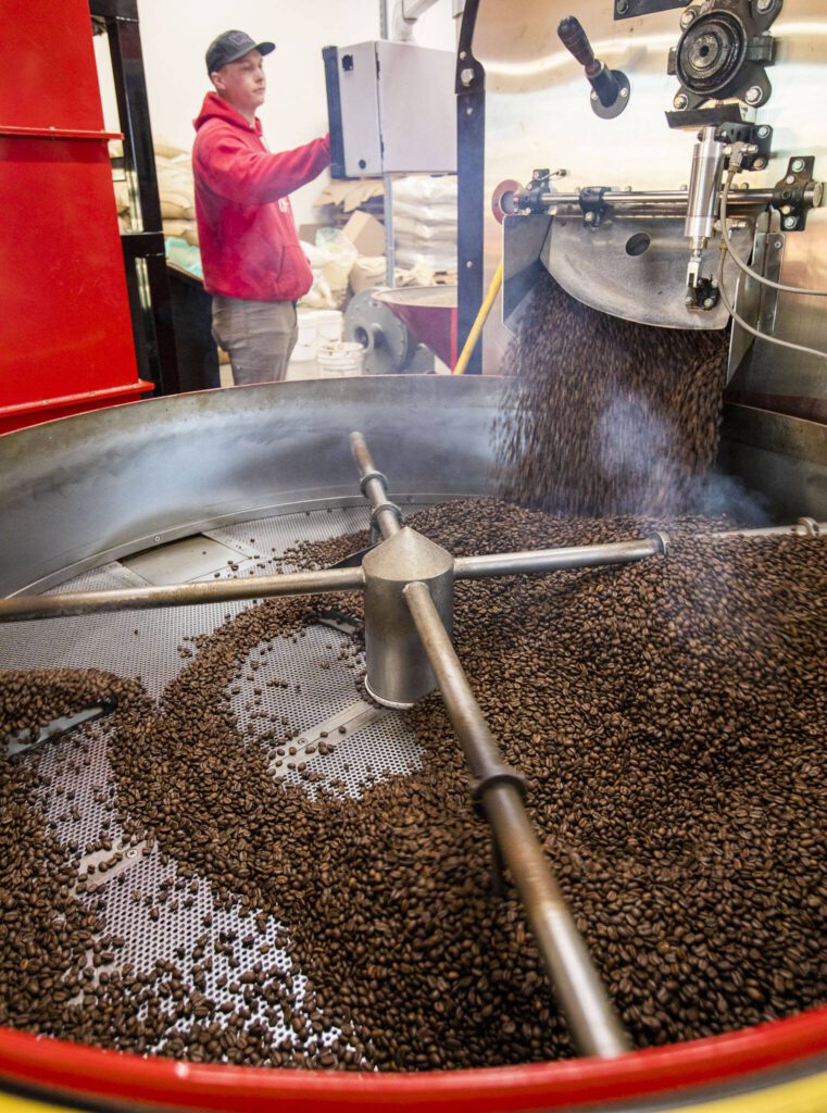 Trevor Peterson, a roaster for Vista Clara Coffee, watches as a freshly roasted batch falls out of the roaster to be cooled on Monday, Jan. 15, 2024 in Snohomish, Washington. (Olivia Vanni / The Herald)
