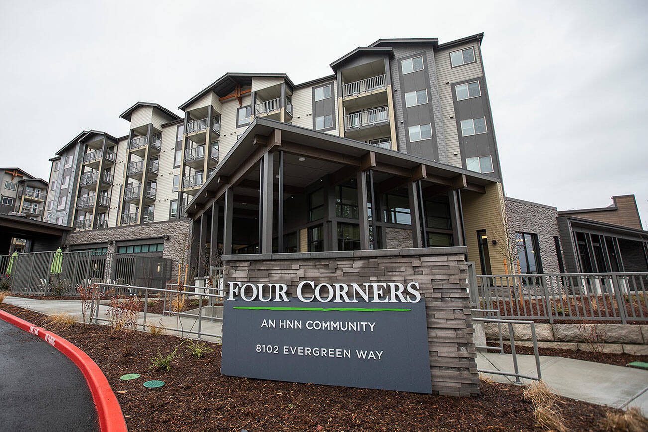 Outside of the Four Corners housing complex along Evergreen Way on Wednesday, Jan. 24, 2024 in Everett, Washington. (Olivia Vanni / The Herald)