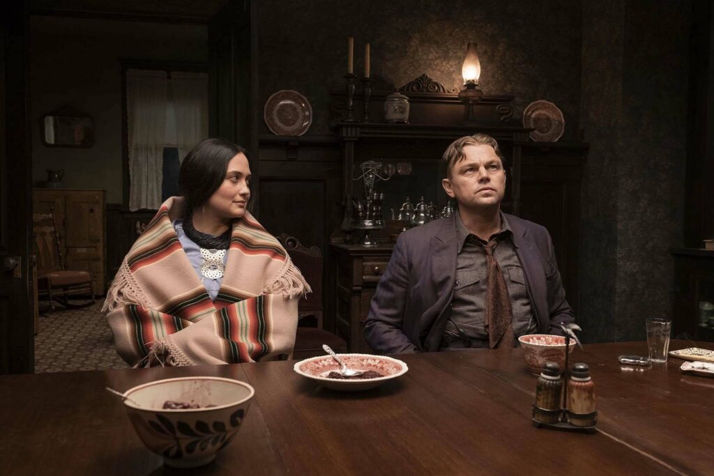 Lily Gladstone, left, as Mollie Burkhart and Leonardo DiCaprio as Ernest Burkhart in Martin Scorsese’s new film “Killers of the Flower Moon”. Gladstone went to Mountlake Terrace High School. (Photo provided by Paramount Pictures)
