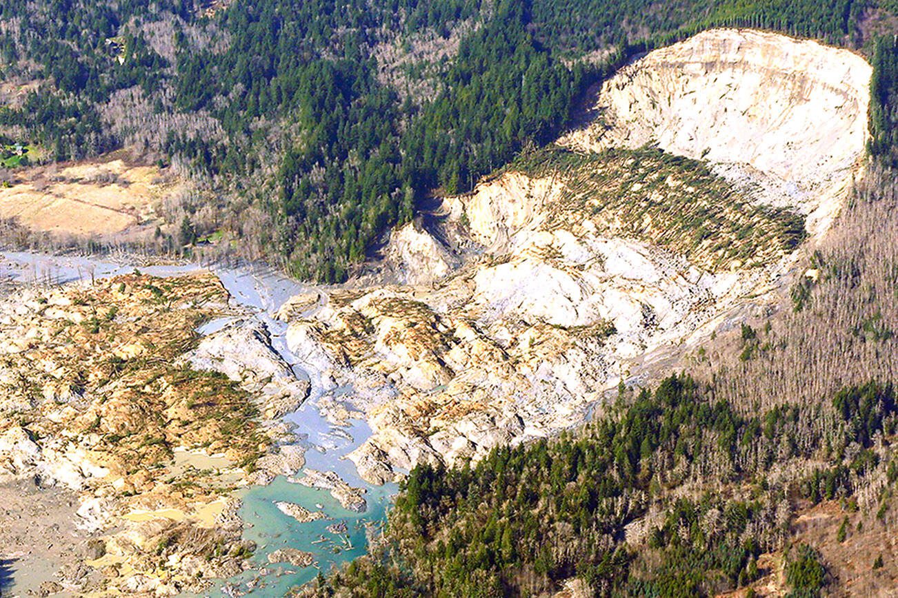 The massive mudslide that killed at least eight people and left dozens missing is shown in this aerial photo, Monday, March 24, 2014, near Arlington, Wash. The search for survivors grew Monday, raising fears that the death toll could climb far beyond the eight confirmed fatalities. (AP Photo/Ted S. Warren)