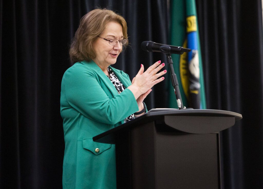 Mayor of Lynnwood Christine Frizzell speaks at the Lynnwood State of the City event on Wednesday, March 6, 2024 in Lynnwood, Washington. (Olivia Vanni / The Herald)
