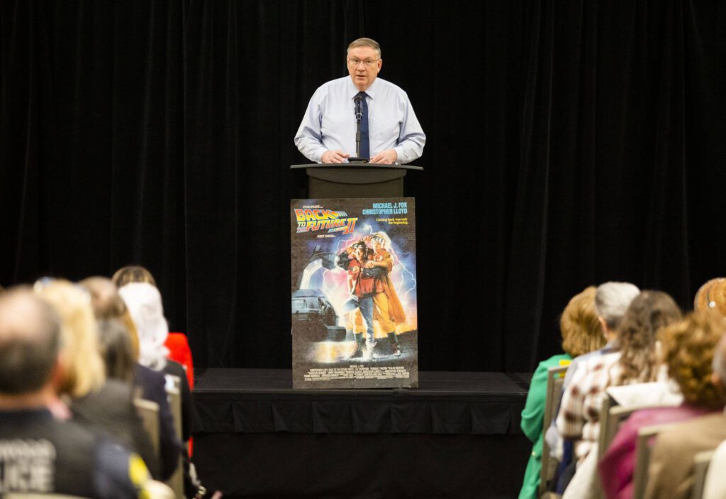 Lynnwood City Council President George Hurst speaks at the Lynnwood State of the City event on Wednesday, March 6, 2024 in Lynnwood, Washington. (Olivia Vanni / The Herald)
