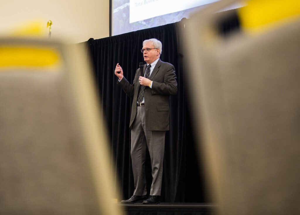 Lynnwood Director of Development & Business Services David Kleitsch speaks at the Lynnwood State of the City event on Wednesday, March 6, 2024 in Lynnwood, Washington. (Olivia Vanni / The Herald)

