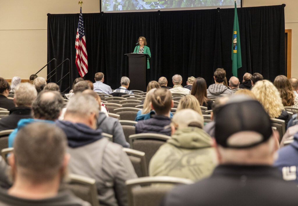 Mayor of Lynnwood Christine Frizzell speaks at the Lynnwood State of the City event on Wednesday, March 6, 2024 in Lynnwood, Washington. (Olivia Vanni / The Herald)
