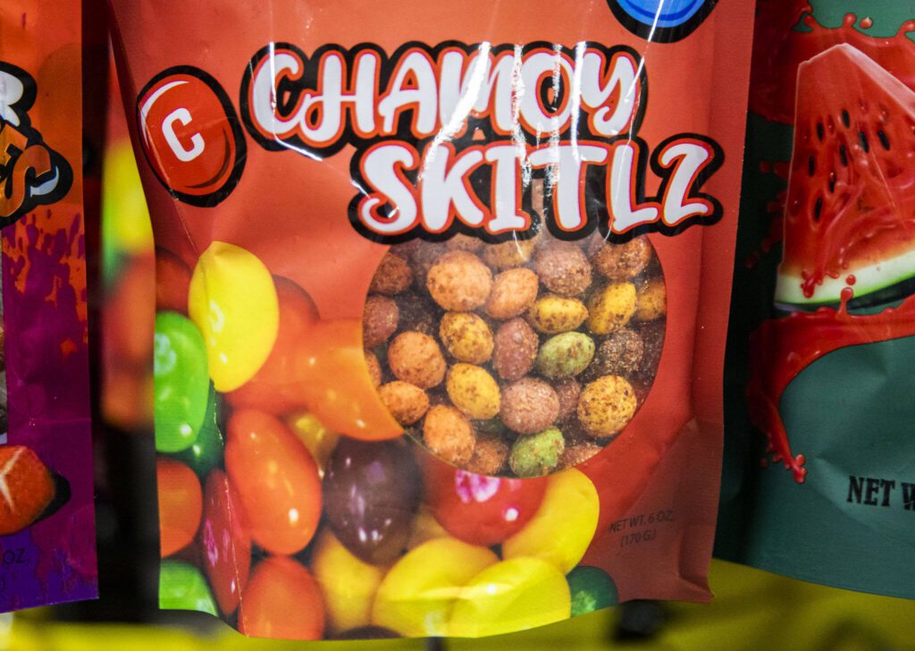 Chamoy Skitlz along with other chamoy sweets are available at Dulceria El Chavito on Wednesday, Feb. 14, 2024 in Lynnwood, Washington. (Olivia Vanni / The Herald)
