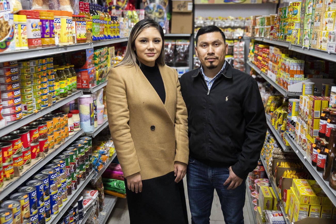 El Chavito Dulceria owner Nicky Monroy, left, and Eddie Lopez on Wednesday, Feb. 14, 2024 in Lynnwood, Washington. (Olivia Vanni / The Herald)