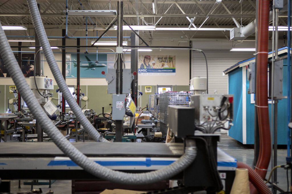 A work area at the Washington Aerospace Training and Research Center on Wednesday, March 6, 2024 in Everett, Washington. (Annie Barker / The Herald)
