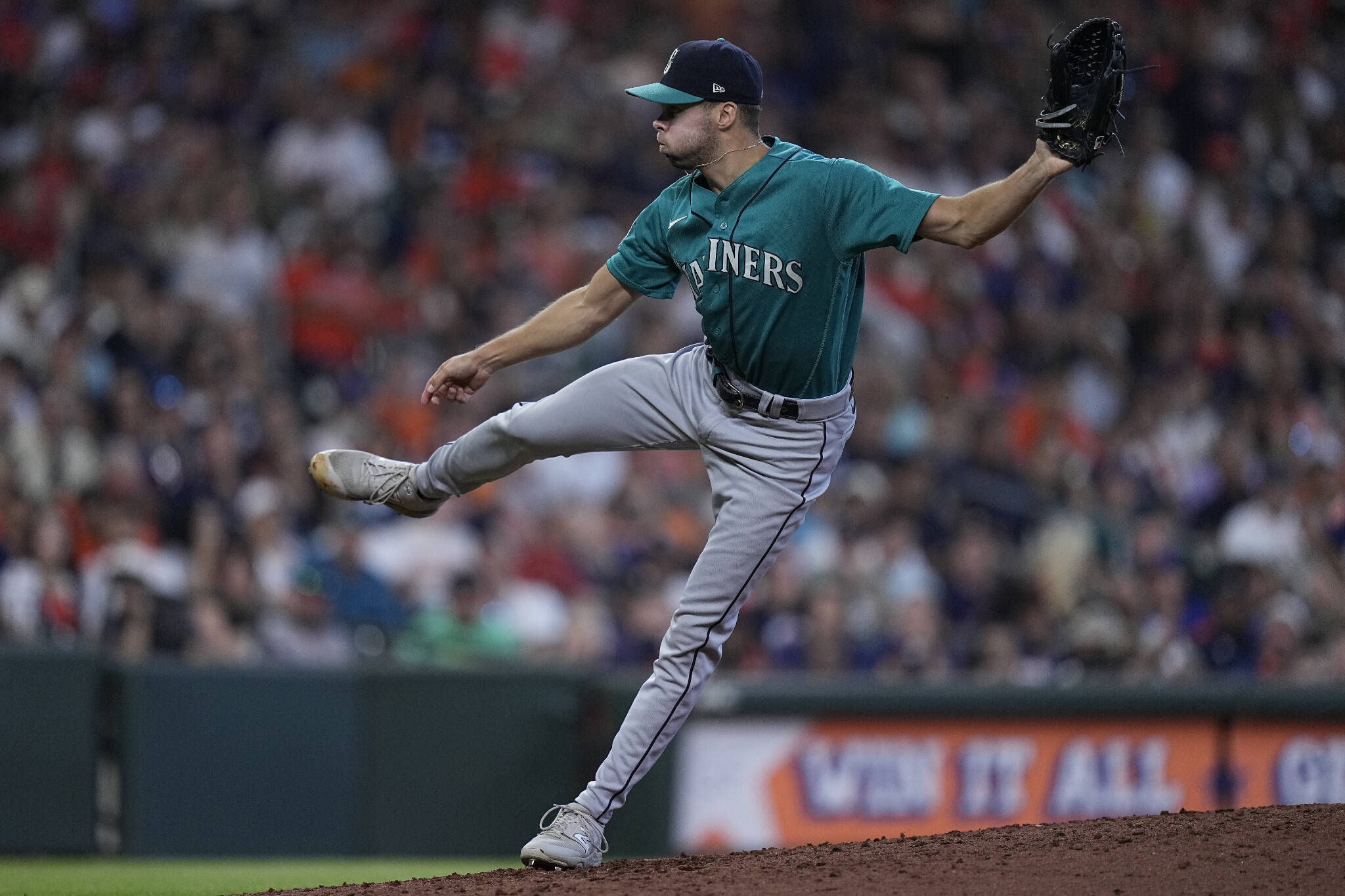 Seattle Mariners relief pitcher Matt Brash delivers during the fifth inning of a game against the Houston Astros on Aug. 20, 2023, in Houston. (AP Photo/Kevin M. Cox)