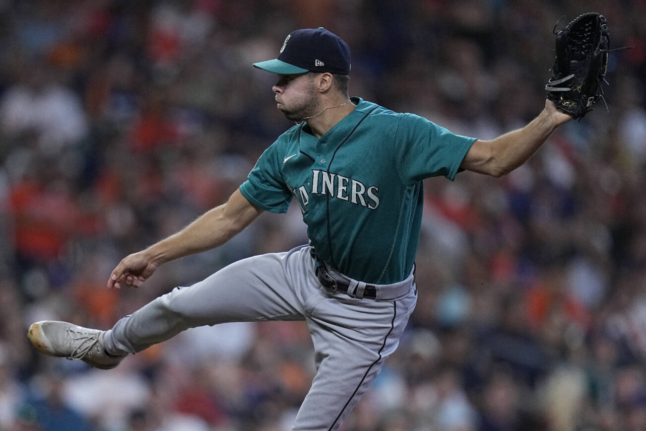 Seattle Mariners relief pitcher Matt Brash delivers during the fifth inning of a baseball game against the Houston Astros, Sunday, Aug. 20, 2023, in Houston. (AP Photo/Kevin M. Cox)