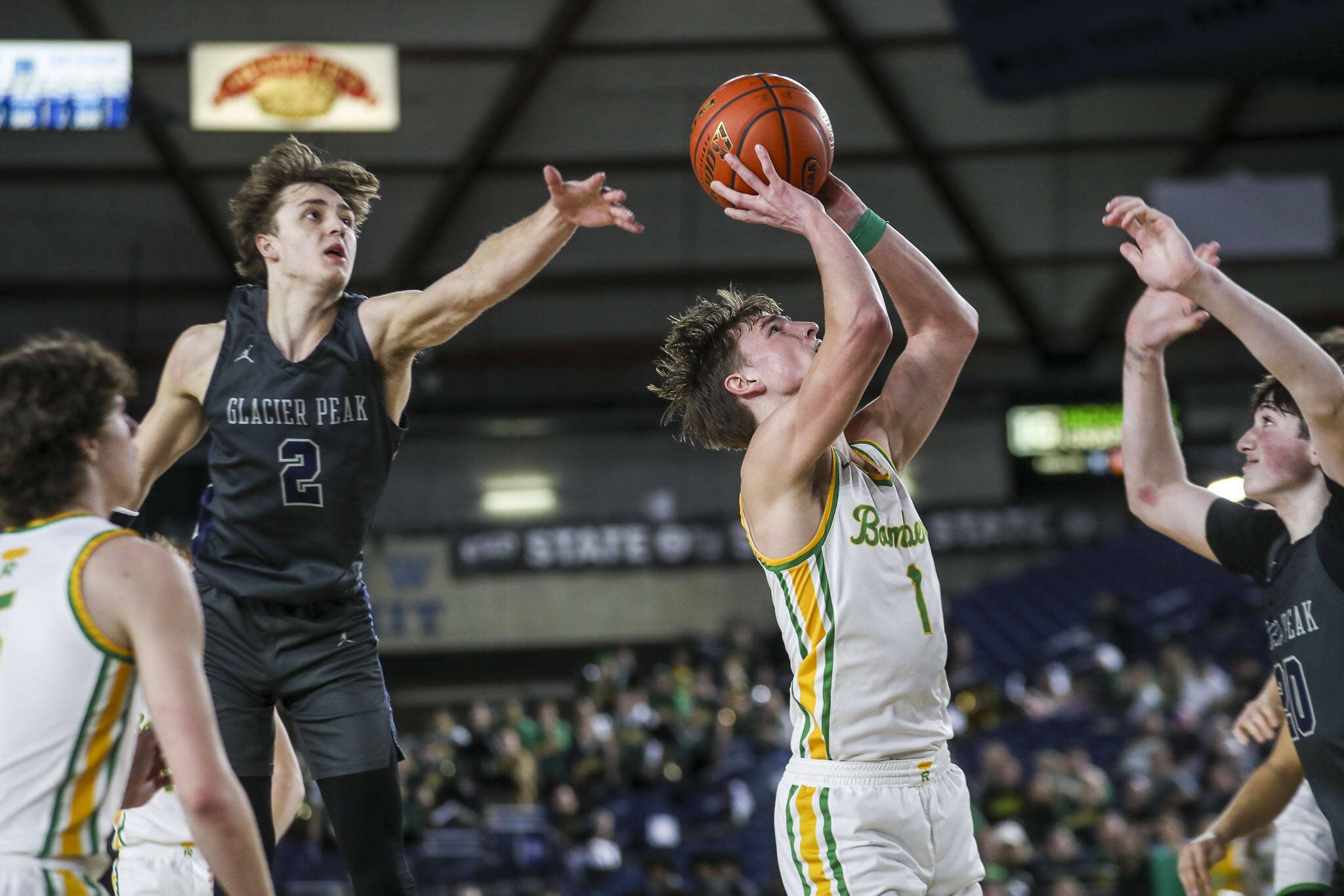 Richland’s Landen Northrop (1) shoots the ball during a 4A semifinal game between Glacier Peak and Richland at the Tacoma Dome on Friday, March 1, 2024 in Tacoma, Washington. Glacier Peak fell, 70-59. (Annie Barker / The Herald)