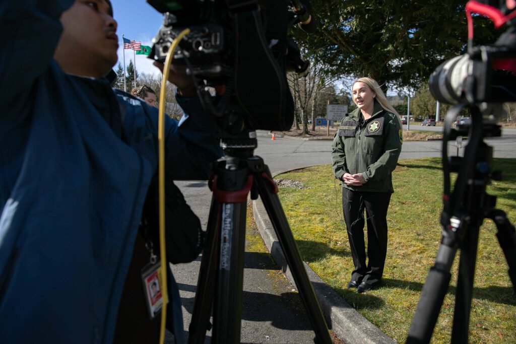 Snohomish County Sheriff’s Office spokesperson Courtney O’Keefe speaks about a crash that killed a Washington State Patrol trooper on southbound I-5 on Saturday, March 2, 2024, in Marysville, Washington. (Ryan Berry / The Herald)
