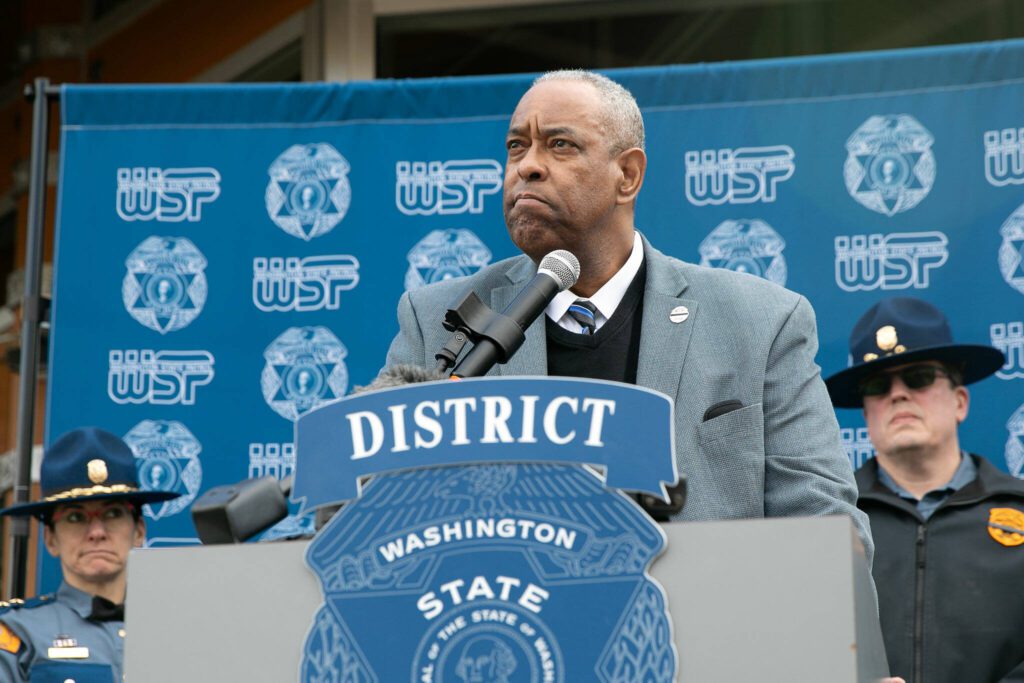 Washington State Patrol Chief John Batiste addresses the media outside state patrol’s District 7 Headquarters after an overnight crash that killed trooper Chris Gadd on southbound I-5 Saturday, March 2, 2024, in Marysville, Washington. (Ryan Berry / The Herald)
