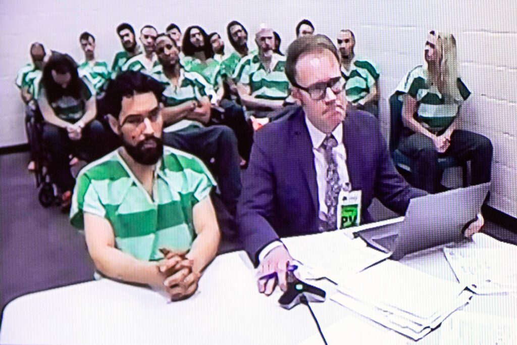 Raul Benitez Santana appears in court via video on charges of vehicular homicide Monday, March 4, 2024, at Snohomish County Superior Court in Everett, Washington. (Ryan Berry / The Herald)
