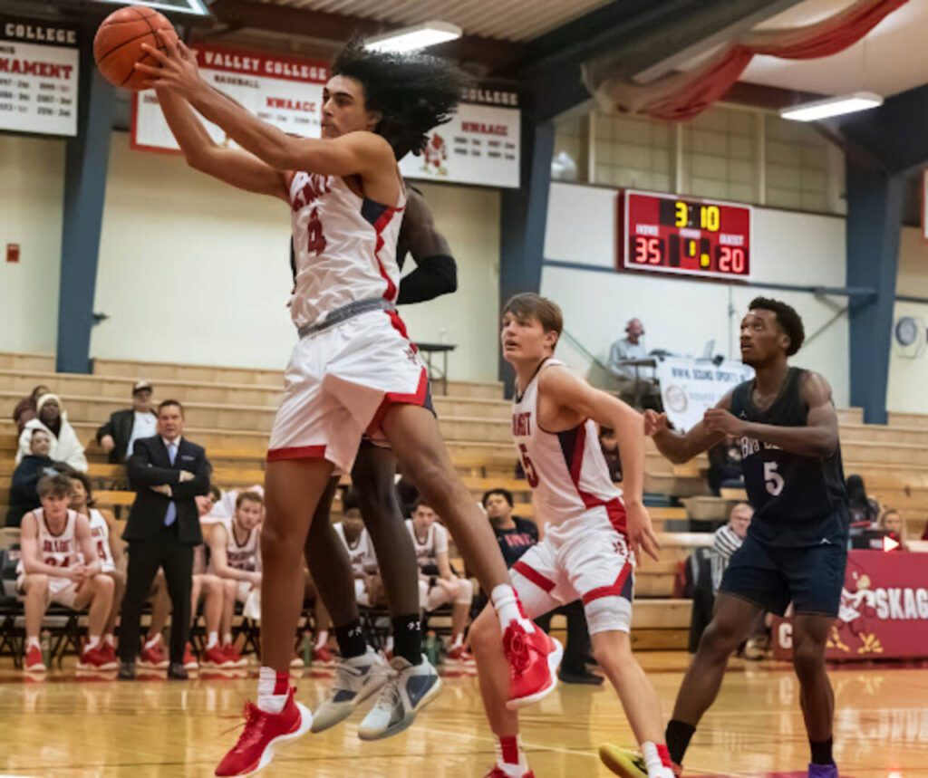 Skagit Valley College’s Sylas Williams, a Jackson High School graduate, pulls down a rebounds during a game at Skagit Valley College. (Photo courtesy of Skagit Valley College)
