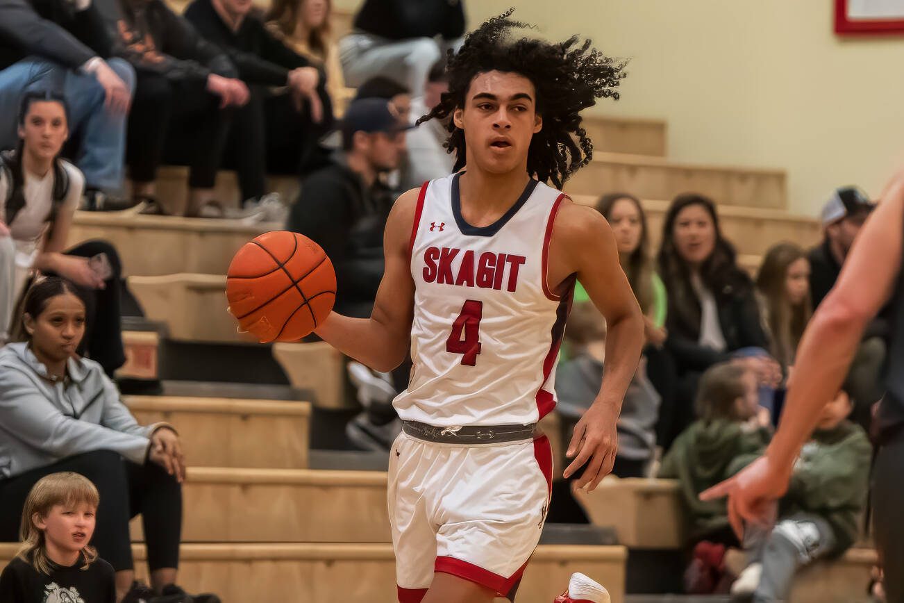 Skagit Valley College's Sylas Williams, a Jackson High School graduate, takes the ball up the court during a game at Skagit Valley College. (Photo courtesy of Skagit Valley College)