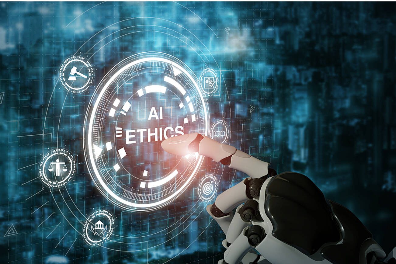 AI ethics or AI Law concept. Developing AI codes of ethics. Compliance, regulation, standard , business policy and responsibility for guarding against unintended bias in machine learning algorithms.