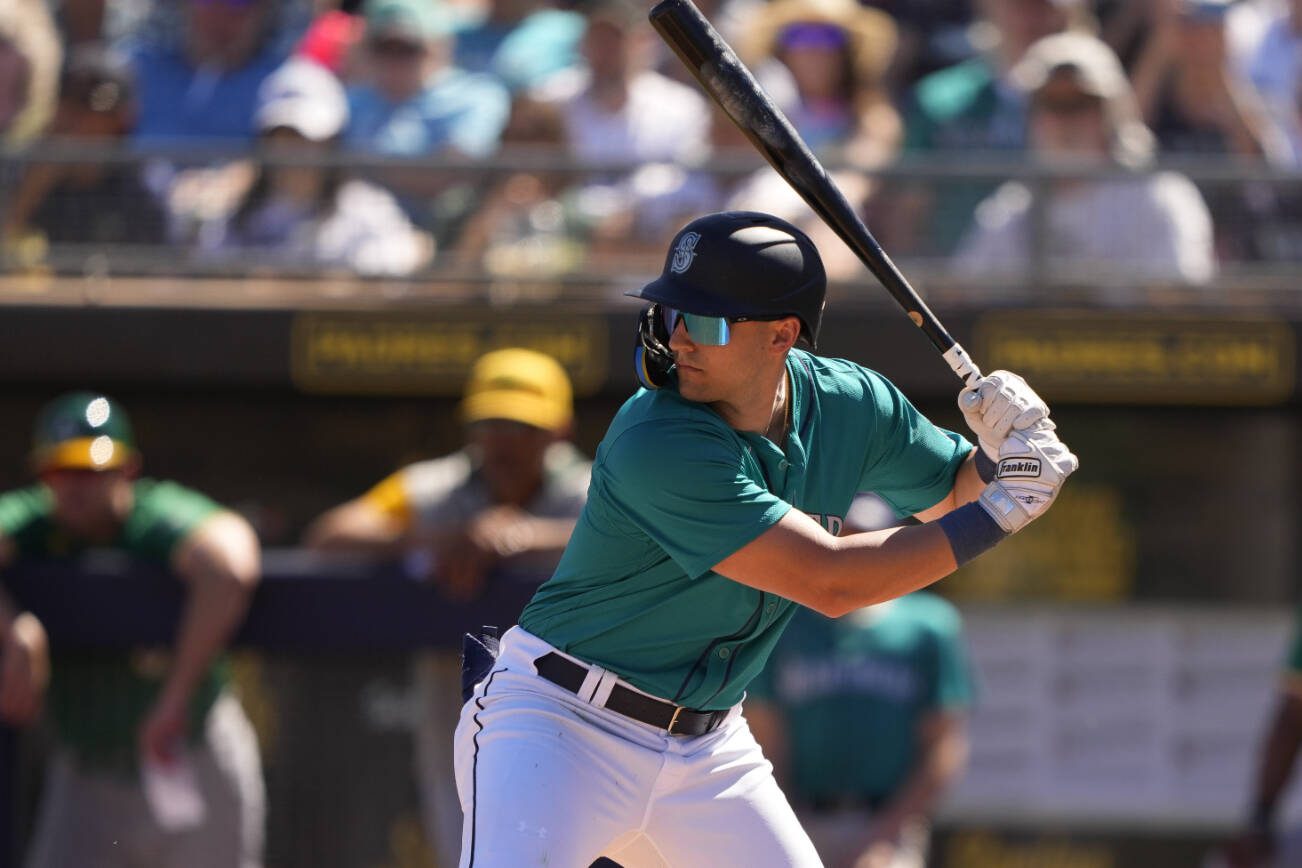 Seattle Mariners' Dominic Canzone looks for a pitch during a spring training baseball game against the Oakland Athletics, Saturday, March 2, 2024, in Peoria, Ariz. (AP Photo/Lindsey Wasson)