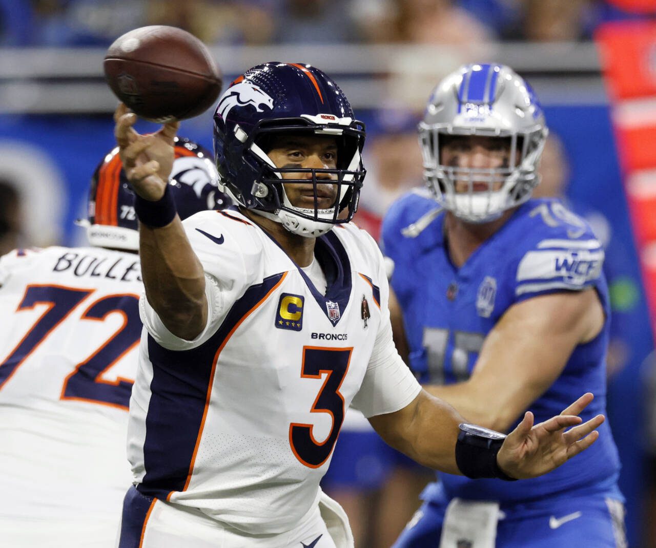 Denver Broncos quarterback Russell Wilson (3) throws during a game against the Detroit Lions on Dec. 16, 2023, in Detroit. The Broncos told Wilson on Monday that they are going to release him next week, just 18 months after signing the Super Bowl-winning quarterback to a five-year, $242 million contract extension. (AP Photo/Duane Burleson, File)