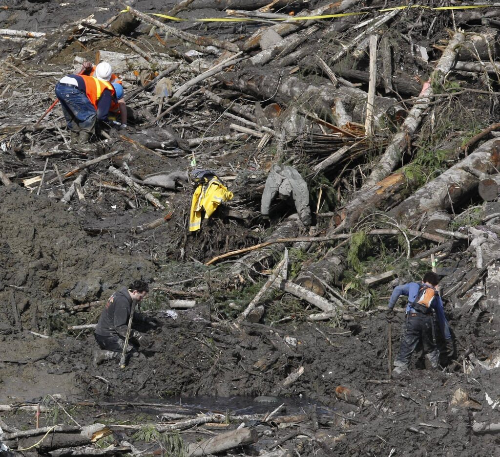 Workers and volunteers search through slide debris for personal belongings and articles on March 31, 2014, in Oso, Washington. (Sofia Jaramillo / The Herald)
