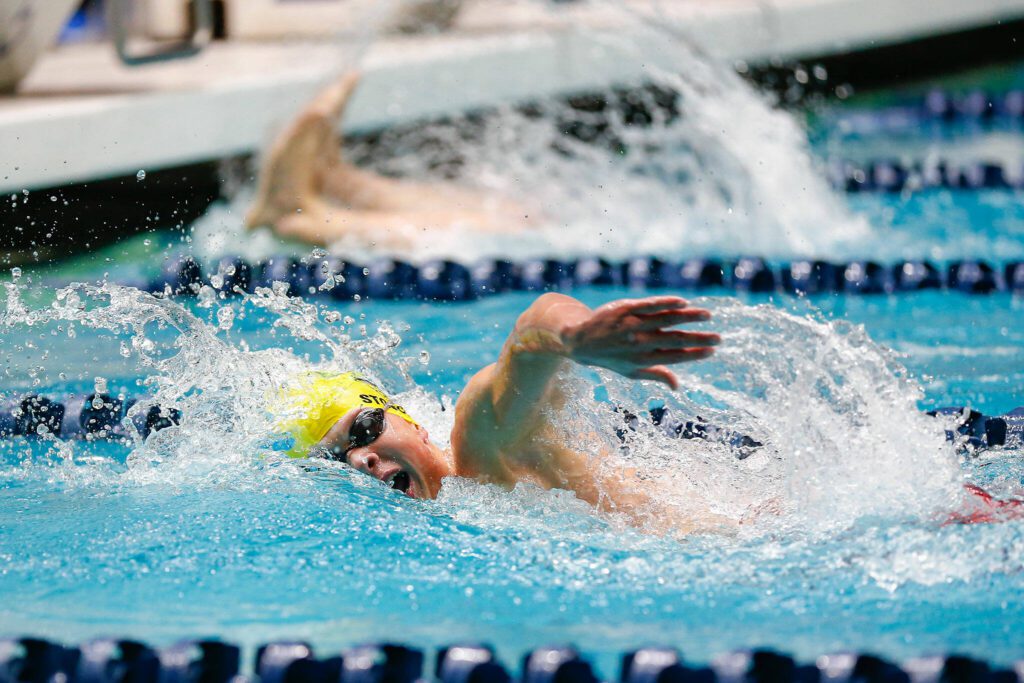 Shorecrest junior Colton Stoecker approaches the wall while swimming in the 500-yard freestyle final during the Class 3A state championships on Feb. 17 at the Weyerhaeuser King County Aquatic Center in Federal Way. (Ryan Berry / The Herald)
