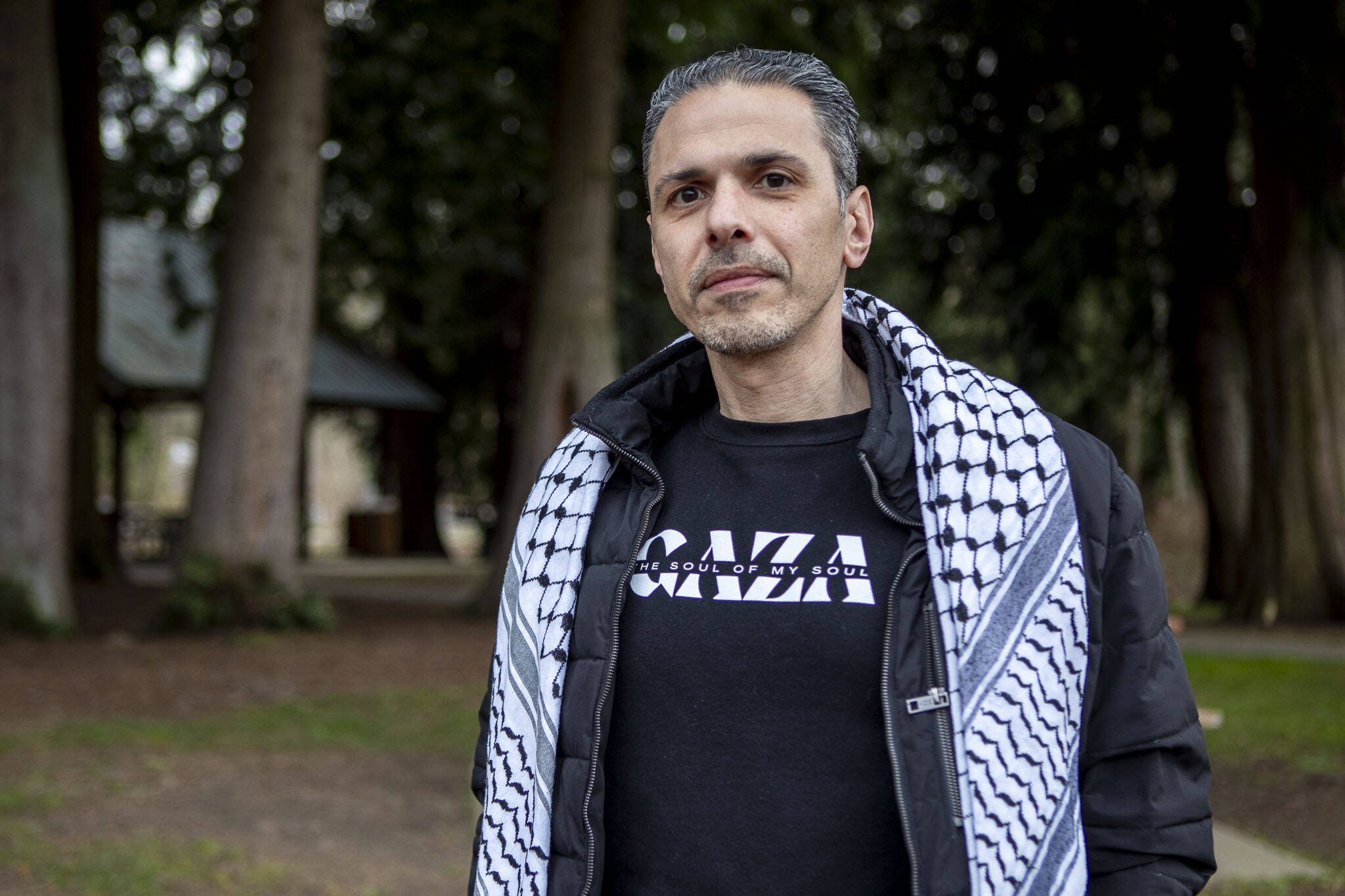 Bothell Council member Rami Al-Kabra poses for a portrait at Cedar Grove Park on Friday, March 8, 2024 in Bothell, Washington. (Annie Barker / The Herald)