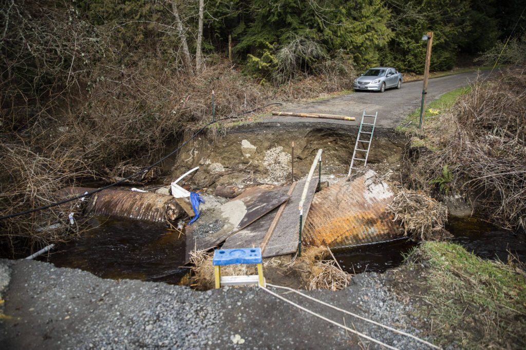 A view of the washed out road on Wednesday, March 6, 2024 in Marysville, Washington. (Olivia Vanni / The Herald)
