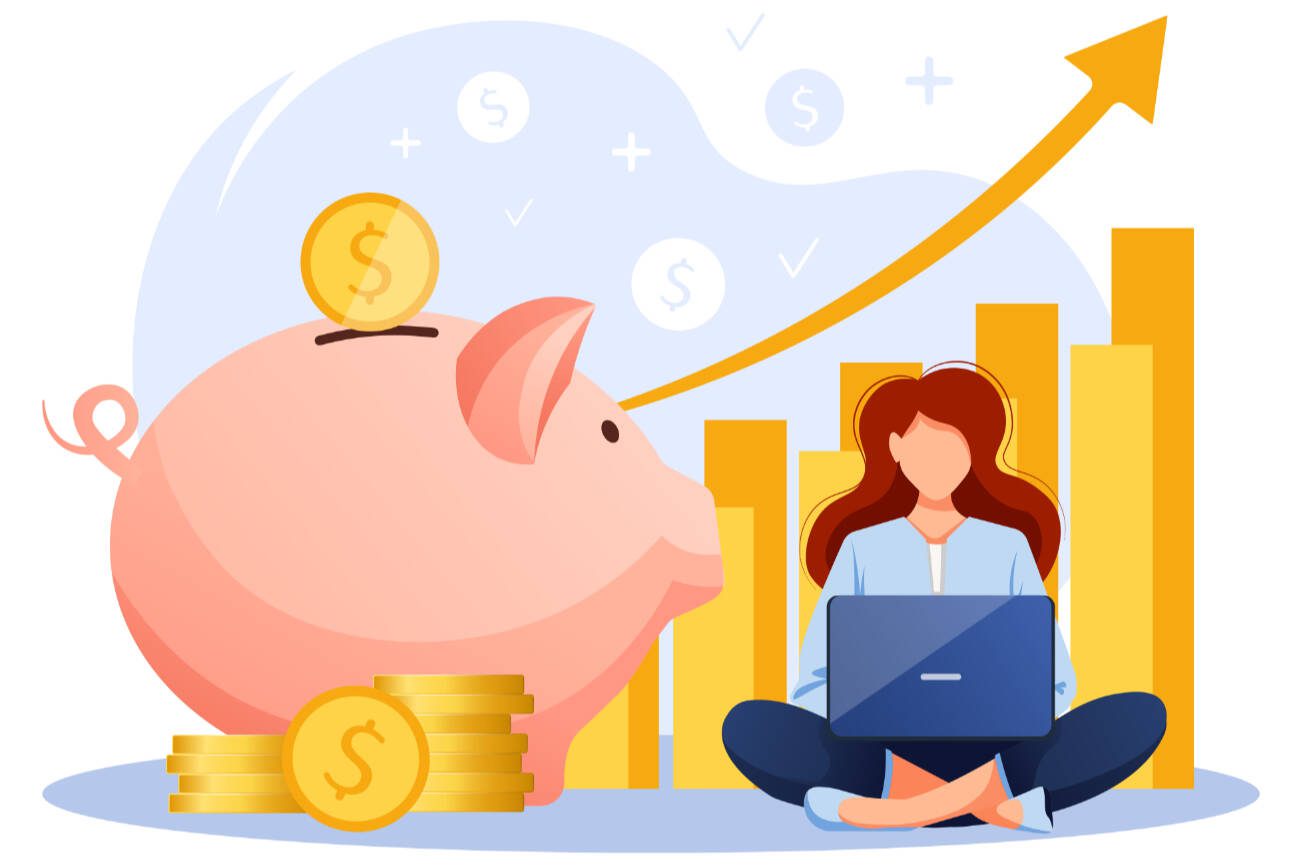 Big piggy bank, woman is sitting with laptop, graph up, stack of gold coins. Bank, budget, finance, money savings concept. Isolated vector illustration for flyer, poster, banner, advertising.