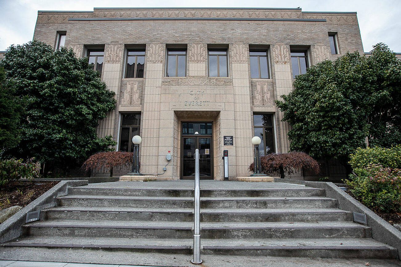 Outside of Everett City Hall and the Everett Police Department on Wednesday, Jan. 3, 2024 in Everett, Washington. (Olivia Vanni / The Herald)