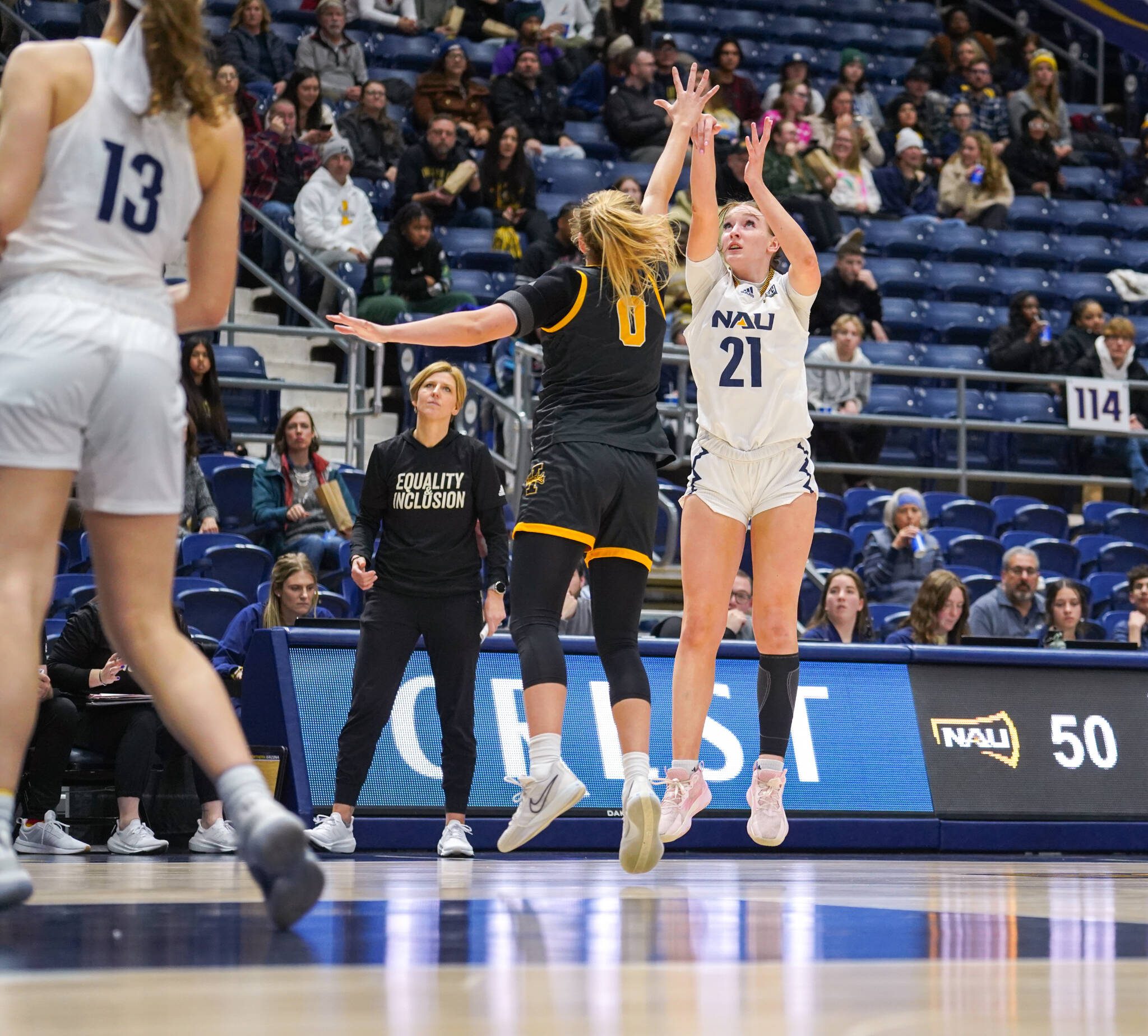 Northern Arizona University’s Emily Rodabaugh shoots a 3-pointer during a game in Flagstaff, Ariz. The Archbishop Murphy High School alum broke the school’s career 3-point record this season. (Photo courtesy of Northern Arizona University)