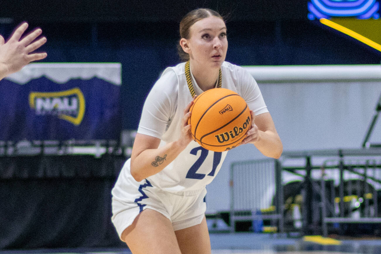Northern Arizona University's Emily Rodabaugh sets up for a 3-pointer during a game in Flagstaff, Ariz. The Archbishop Murphy High School alum broke the school's career 3-point record this season. (Photo courtesy of Northern Arizona University)