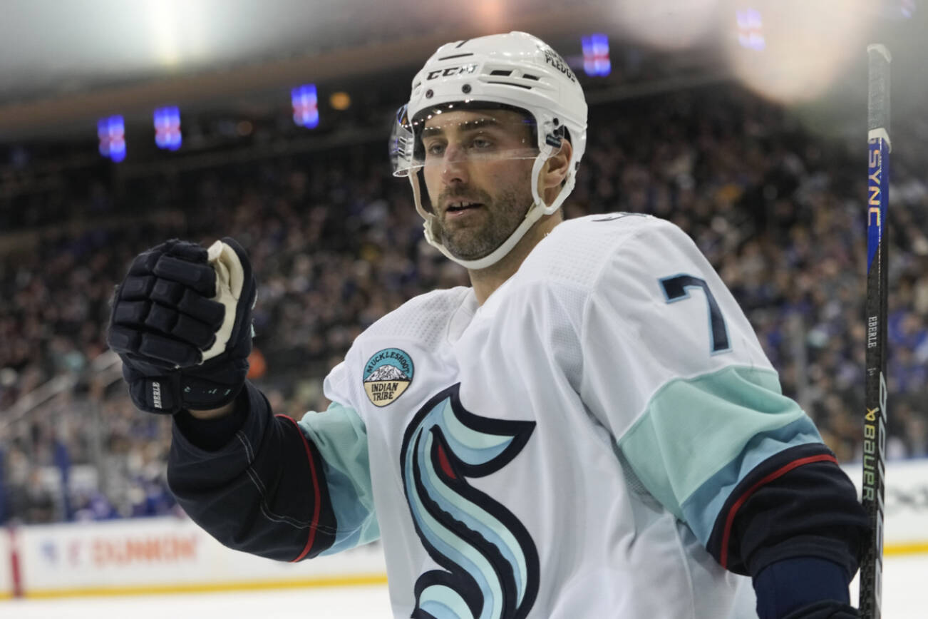 Seattle Kraken right wing Jordan Eberle celebrates after scoring during the first period of an NHL hockey game against the New York Rangers, Tuesday, Jan. 16, 2024, at Madison Square Garden in New York. (AP Photo/Mary Altaffer)