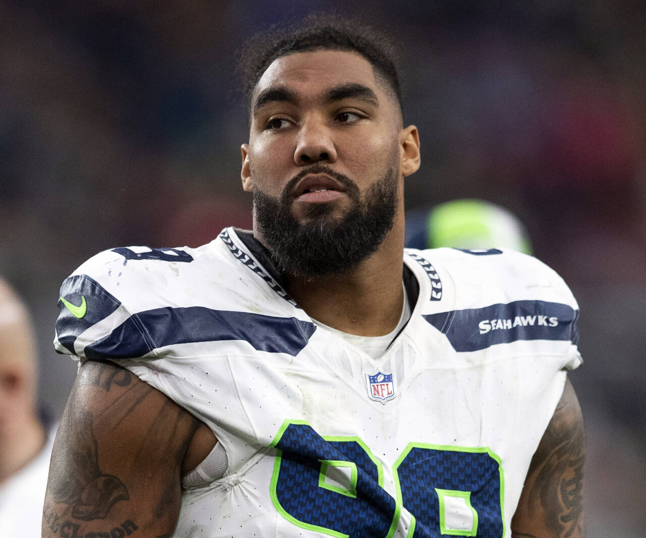 Seattle Seahawks’ Leonard Williams looks on during an NFL game Jan. 7 in Glendale, Ariz. The Seahawks agreed to terms with defensive lineman Williams and tight end Noah Fant, three people with knowledge of the deals said Monday. (AP Photo/Michael McGinnis, File)