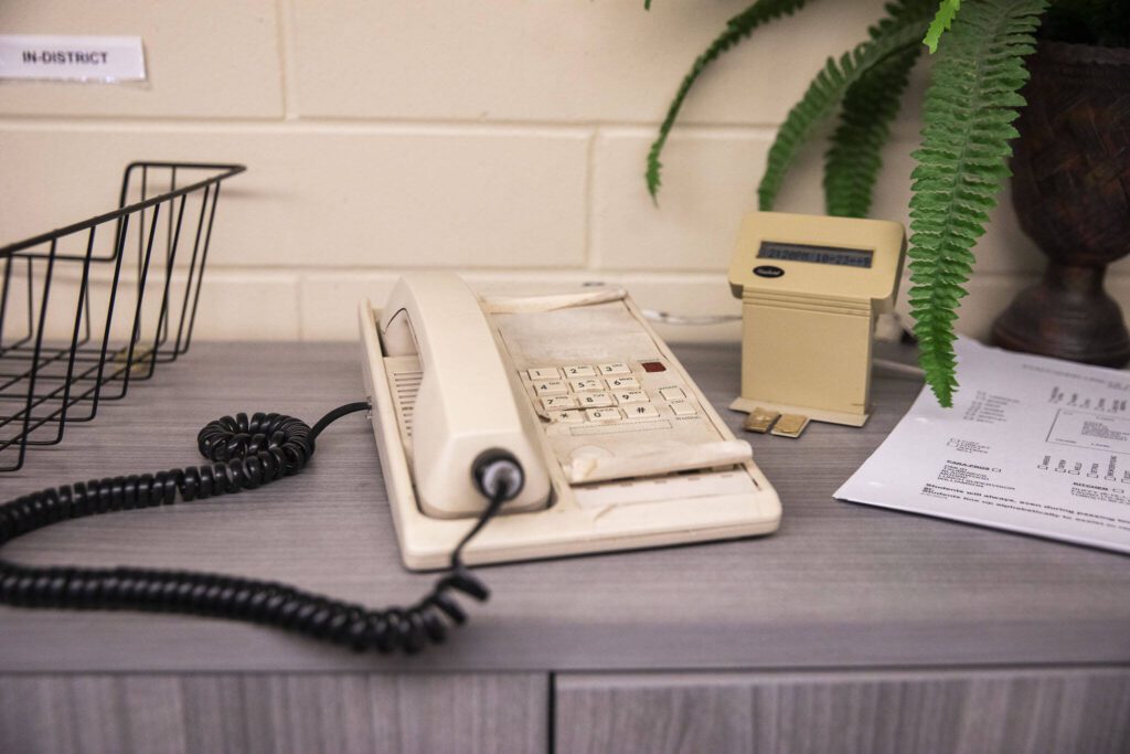 This phone is only way for announcements to be made over the intercom for Lakewood Elementary School on Tuesday, March 19, 2024 in Marysville, Washington. (Olivia Vanni / The Herald)
