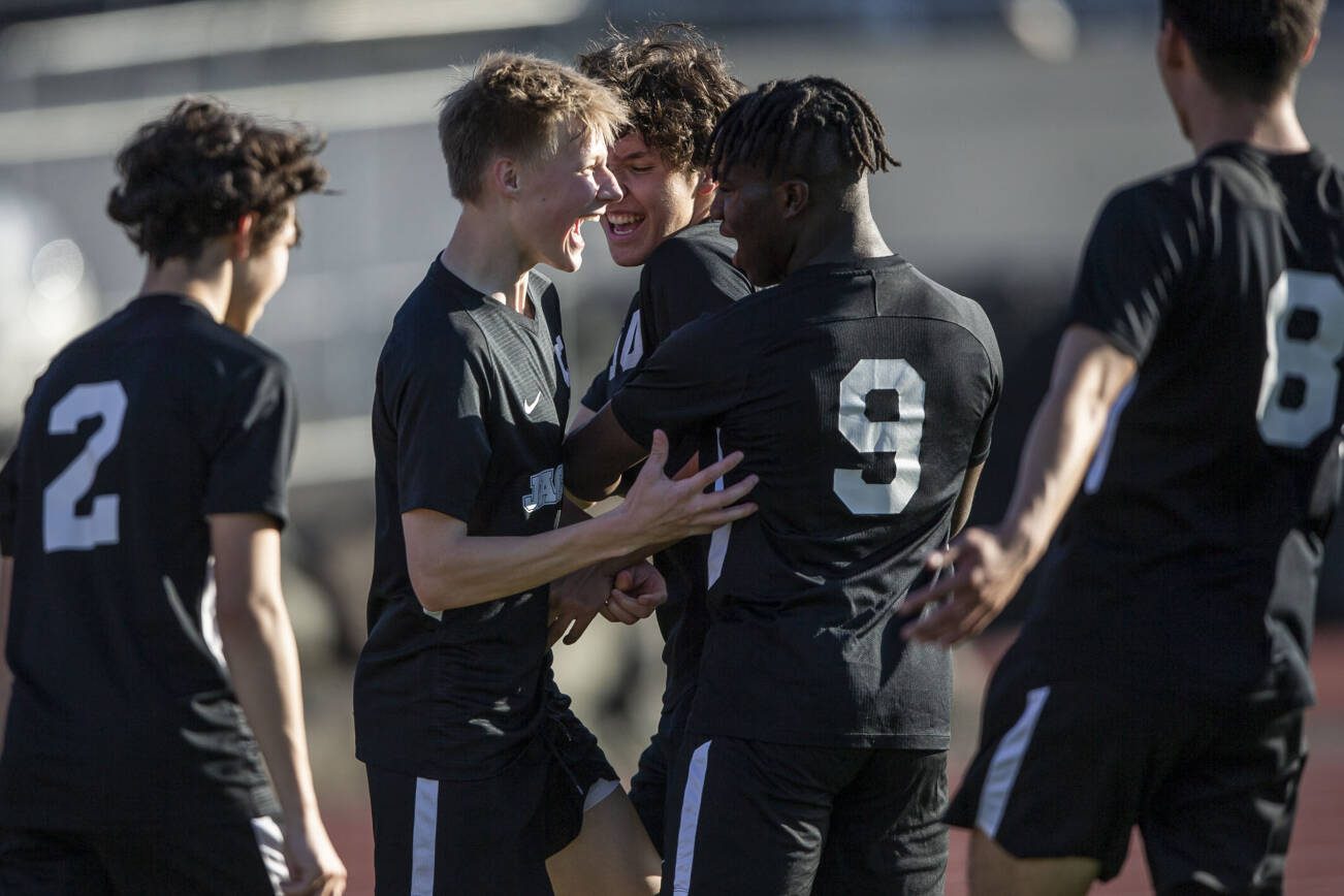 Jackson’s Ian Friedrichsen celebrates his goal with his teammates during the game against Bothell on Thursday, May 11, 2023 in Everett, Washington. (Olivia Vanni / The Herald)