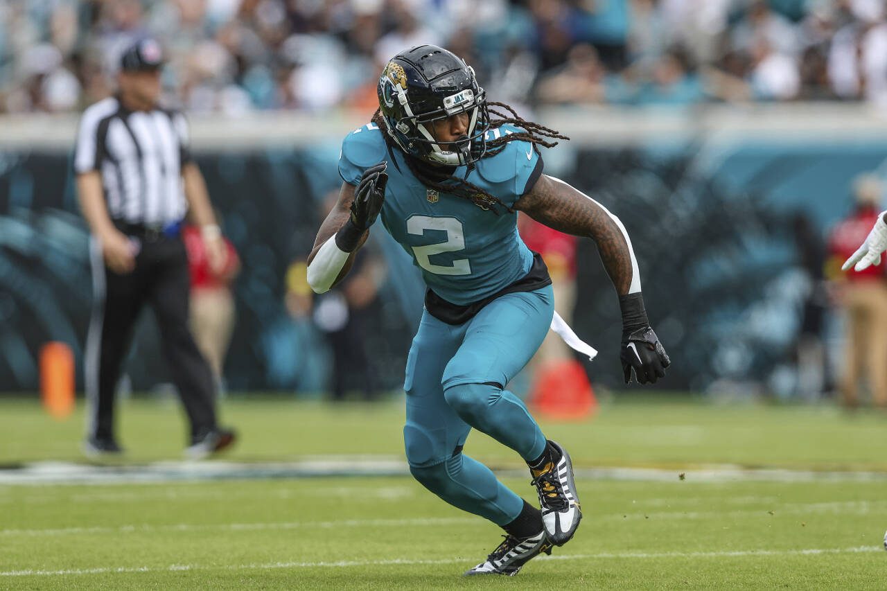 Jacksonville Jaguars safety Rayshawn Jenkins (2) in action during a game against the Las Vegas Raiders on Nov. 6, 2022, in Jacksonville, Fla. Jenkins agreed to a deal with Seattle on Wednesday. (AP Photo/Gary McCullough)