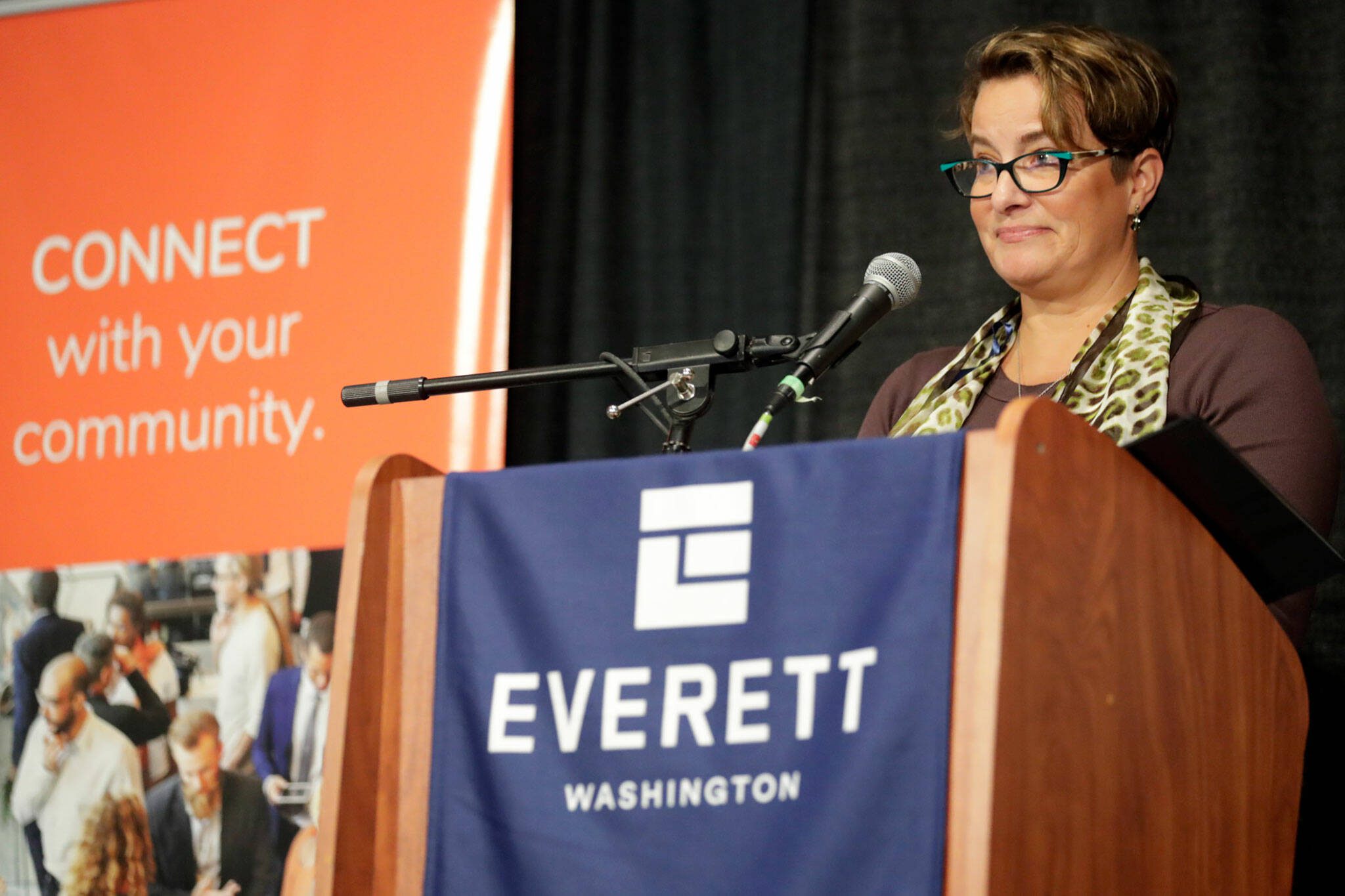 Cassie Franklin, Mayor of Everett, delivers the annual state of the city address in the Edward D. Hansen Conference Center in Everett, Washington on March 31, 2022. (Kevin Clark / The Herald)