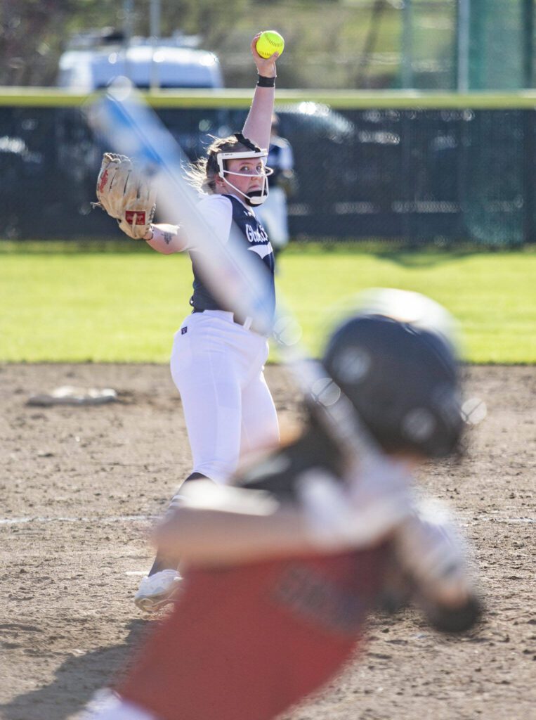 Glaicer Peak’s Maya Mesa pitches during the game against Snohomish on Friday, March 15, 2024 in Snohomish, Washington. (Olivia Vanni / The Herald)
