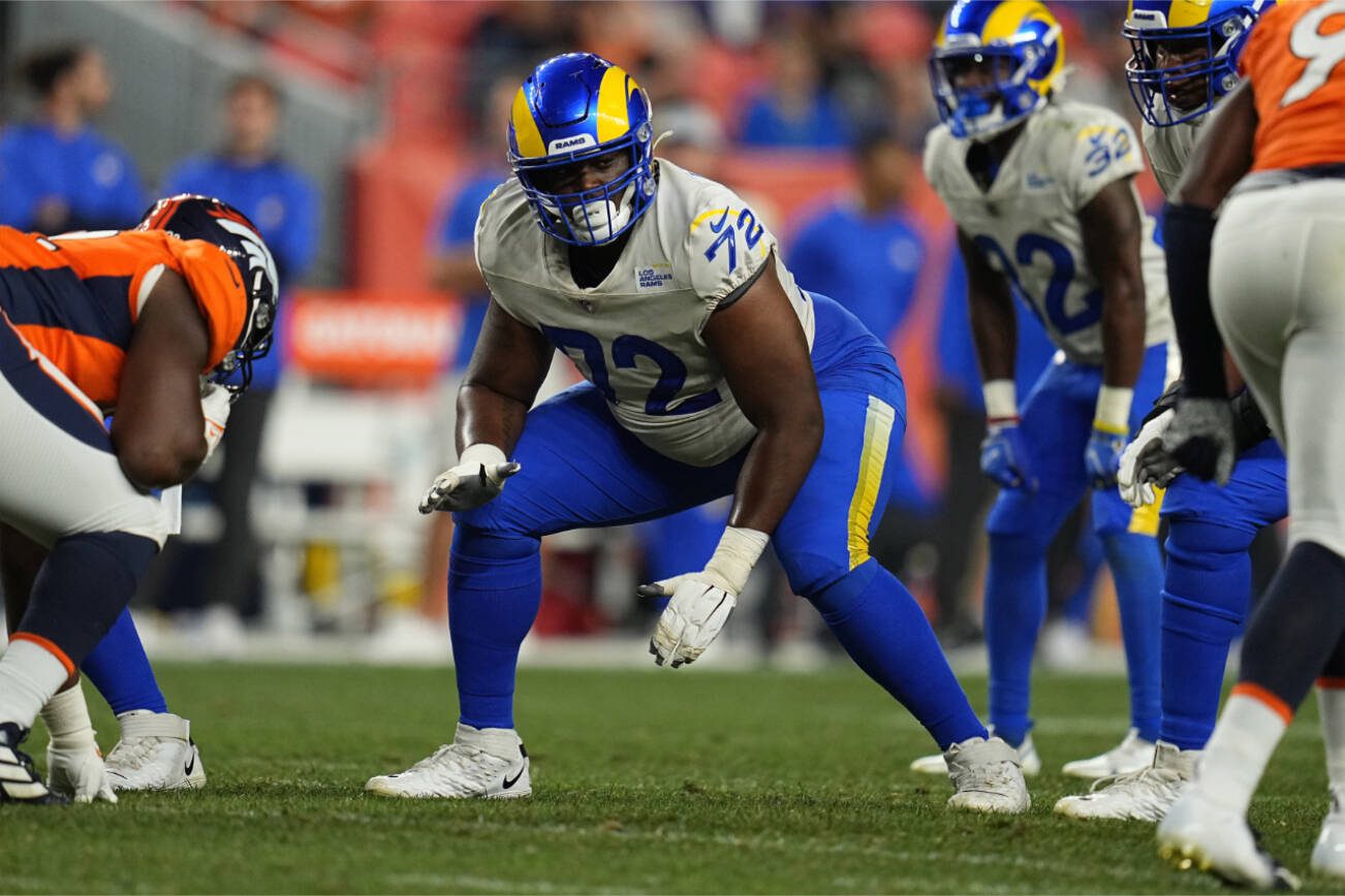 Los Angeles Rams offensive guard Tremayne Anchrum (72) against the Denver Broncos during the second half of an NFL preseason football game, Saturday, Aug. 28, 2021, in Denver. (AP Photo/Jack Dempsey)