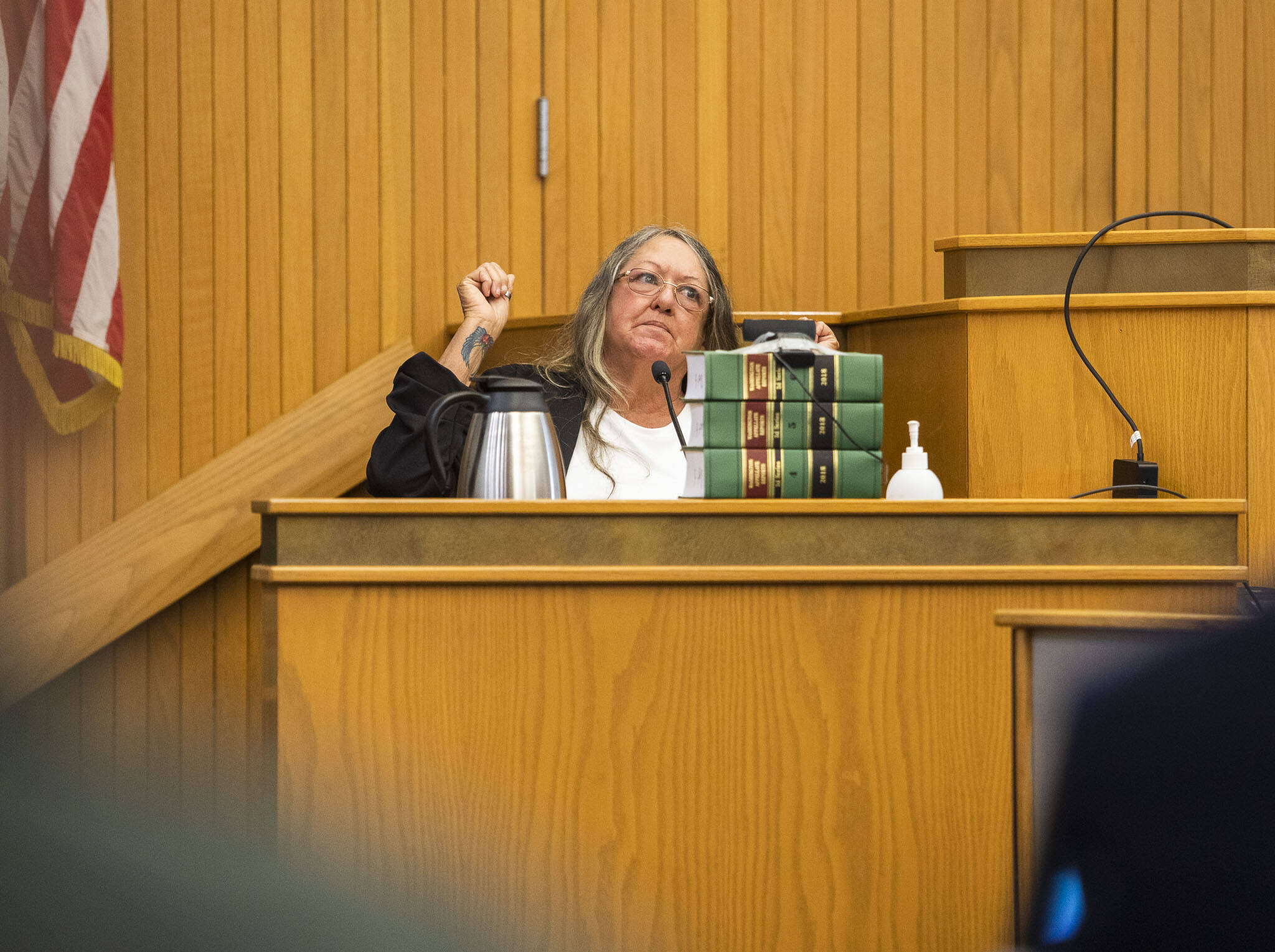 Sharon Lee, the mother of Melissa Lee, talks about how her daughter would do her hair before leaving the house during her testimony at the murder trial of Alan Dean at the Snohomish County Courthouse on Tuesday, March 19, 2024 in Everett, Washington. (Olivia Vanni / The Herald)