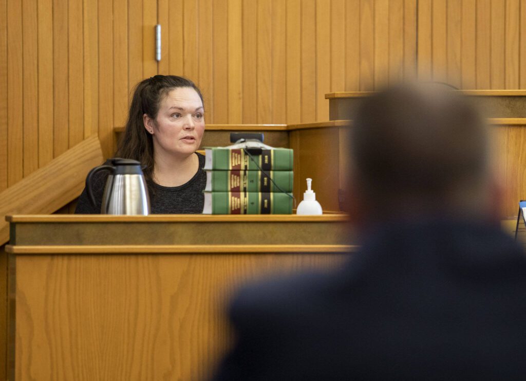 Krista Stromberg, a friend of Melissa Lee, testifies during the murder trial of Alan Dean at the Snohomish County Courthouse on Tuesday, March 19, 2024 in Everett, Washington. (Olivia Vanni / The Herald)
