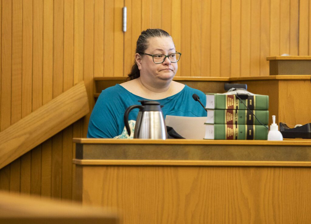 Alycia Roberts, a friend of Melissa Lee, testifies during the murder trial of Alan Dean at the Snohomish County Courthouse on Tuesday, March 19, 2024 in Everett, Washington. (Olivia Vanni / The Herald)

