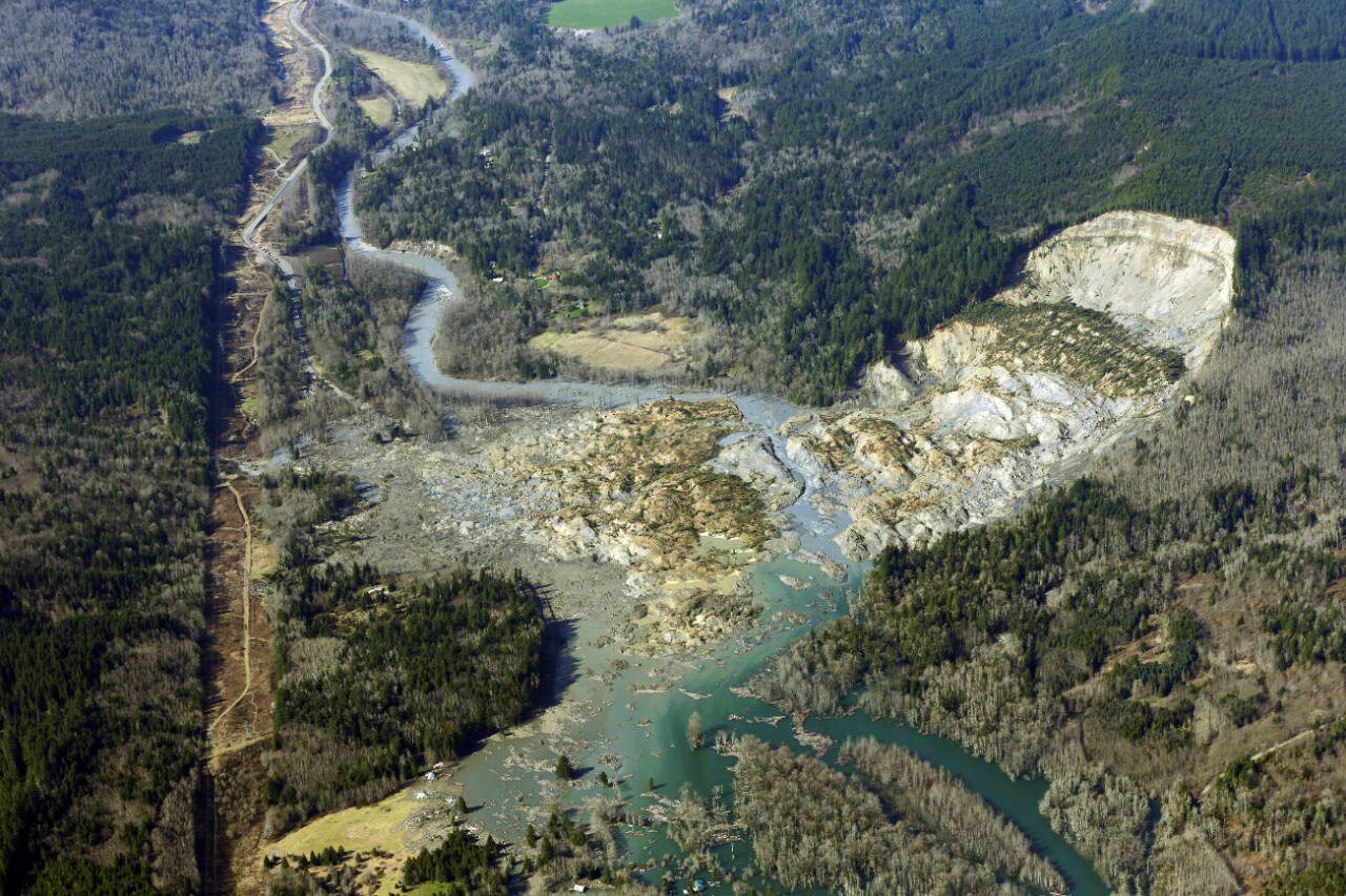 The Oso landslide that killed 43 people in the Steelhead Haven neighborhood along the North Fork of the Stillaguamish River is viewed from the air on March 24, 2014. (Ted S. Warren / Associated Press file photo)