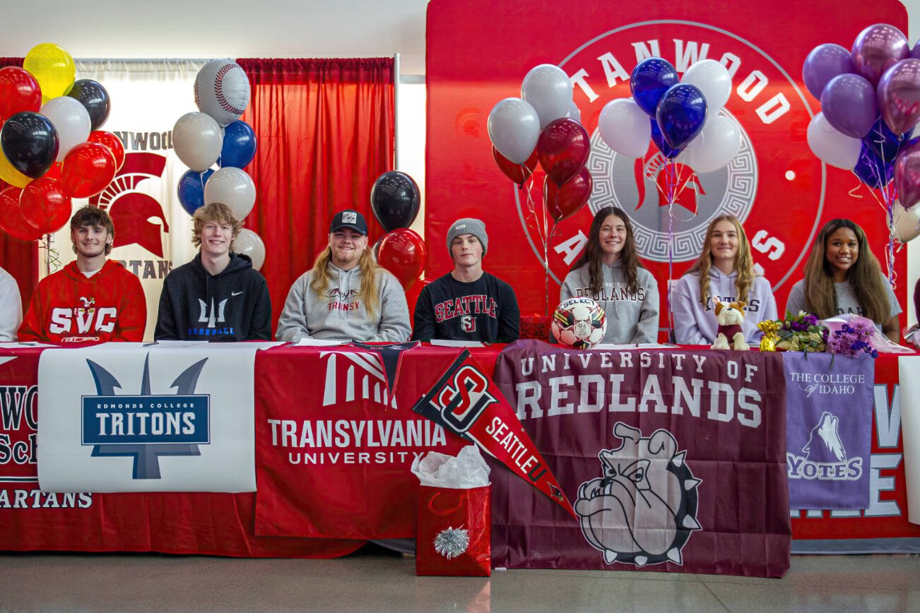 Stanwood High School student athletes during their signing day ceremony. (Courtesy of Stanwood High School)