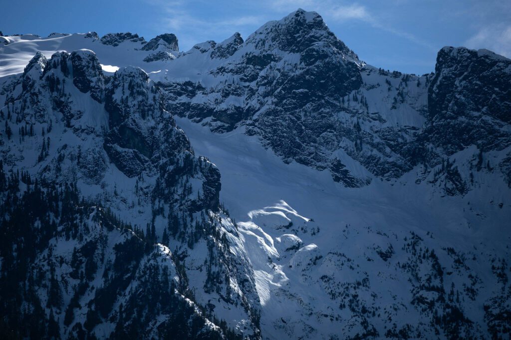 Late winter snowpack is seen on Whitehorse Mountain on Friday, March 15, 2024, near Darrington, Washington. (Ryan Berry / The Herald)
