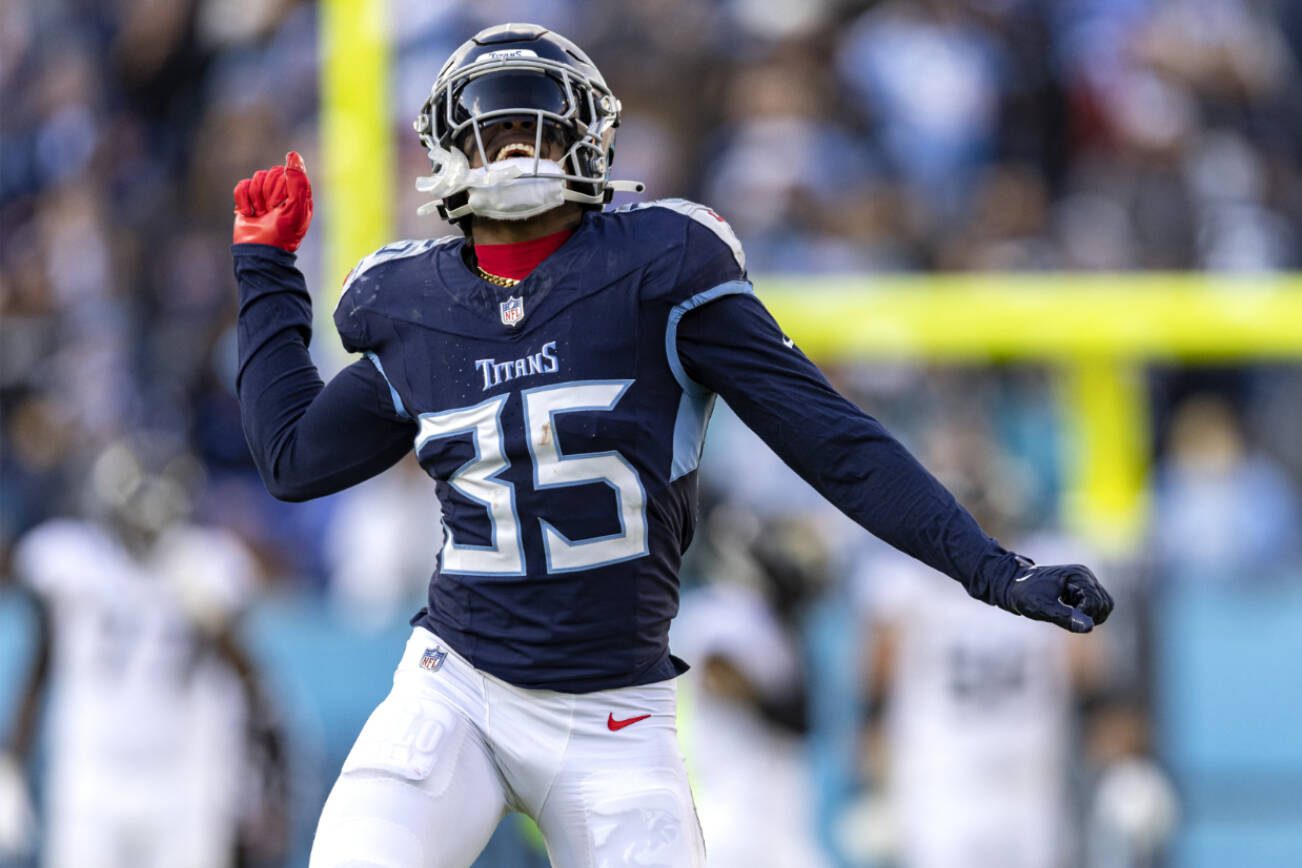 Tennessee Titans safety K'Von Wallace (35) reacts to making a play during their NFL football game against the Jacksonville Jaguars Sunday, Jan. 7, 2024, in Nashville, Tenn. (AP Photo/Wade Payne)