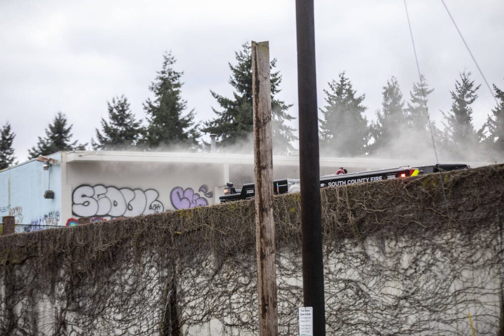 South County Fire and Shoreline Fire crews respond to a fire at 7212 220th St. SW on March 20, 2024 in Edmonds, Washington. (Annie Barker / The Herald)
