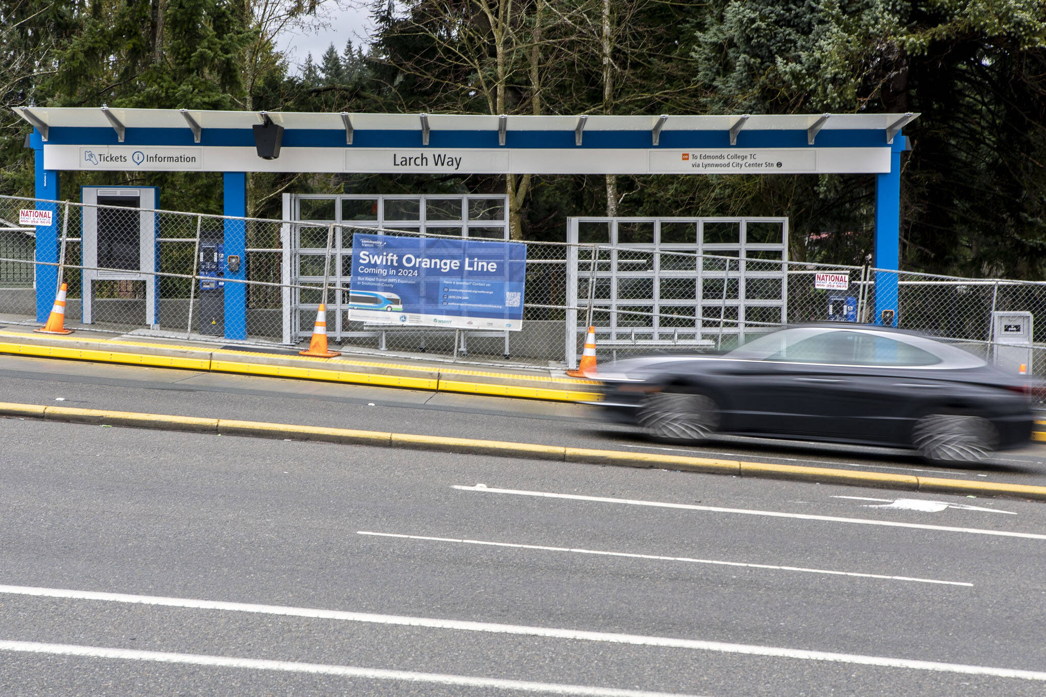 An Orange Line (SWIFT) station near 164th St SE and Larch Way on March 22, 2024 in Lynnwood, Washington. (Annie Barker / The Herald)
