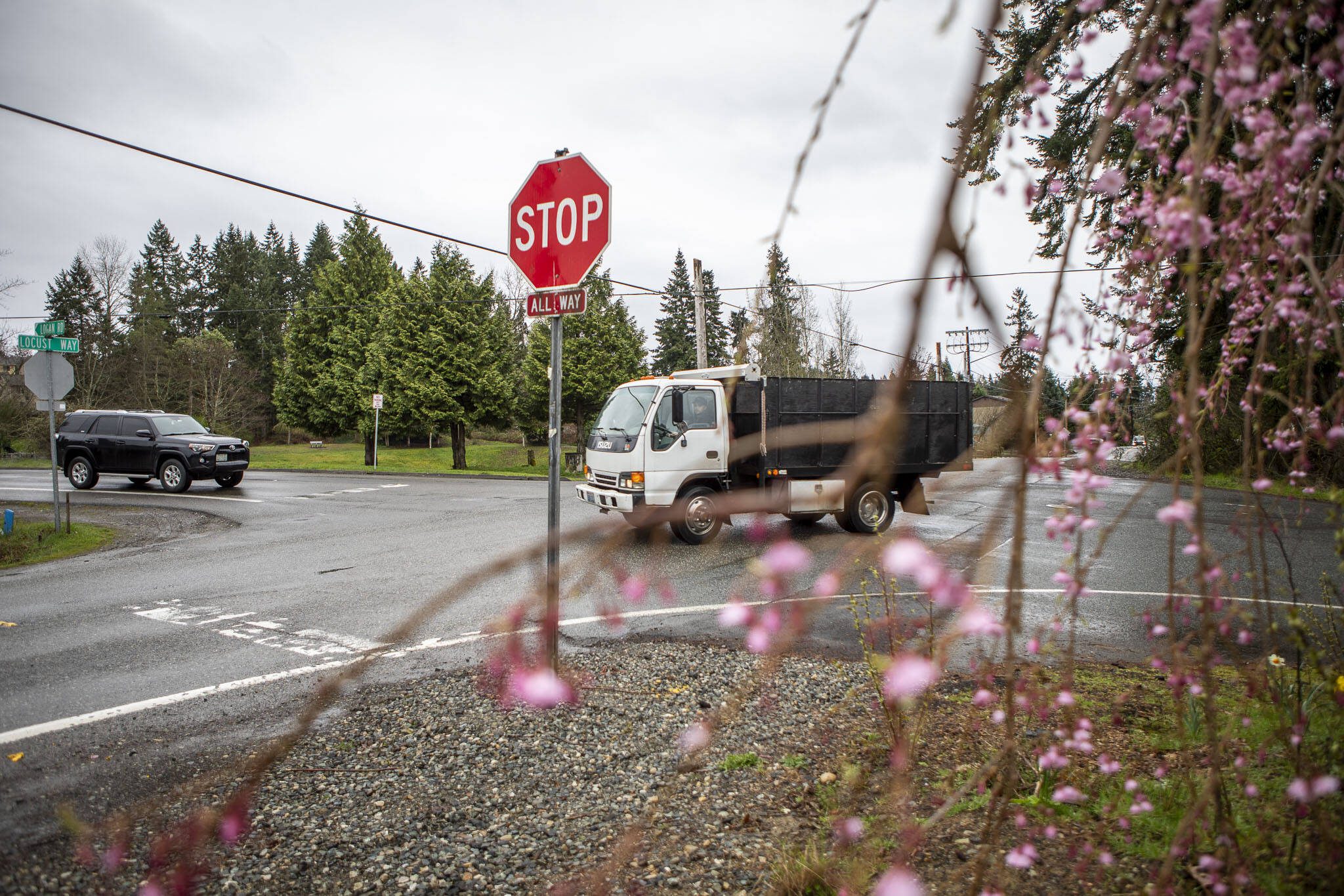 The intersection of Larch Way, Logan Road and Locust Way on Wednesday, March 27, 2024 in Alderwood Manor, Washington. (Annie Barker / The Herald)